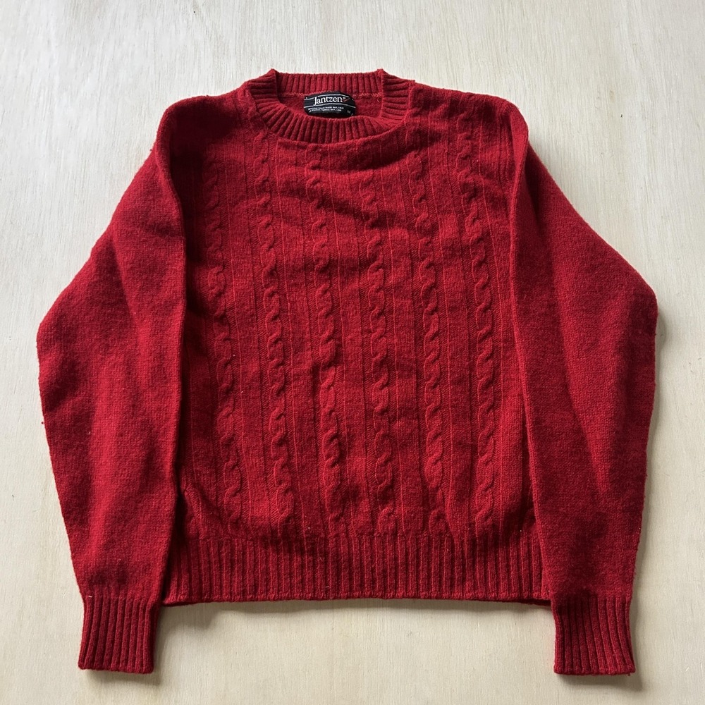 Vintage 90s Jantzen‎ Sweater Mens Medium Red Cable Knit Crewneck Long Sleeve